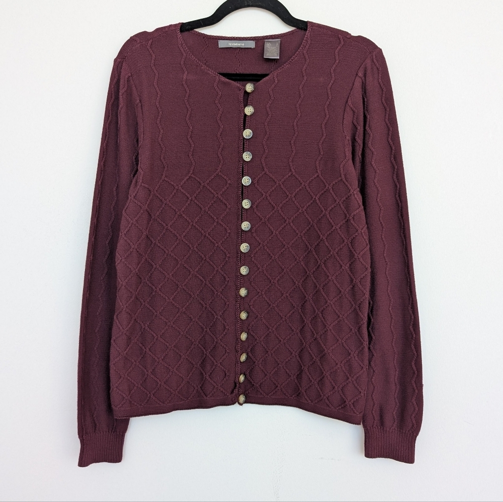 Liz Claiborne 3D Honeycomb Knit Cotton Button Up Cardigan Sweater Sz L Fisherman